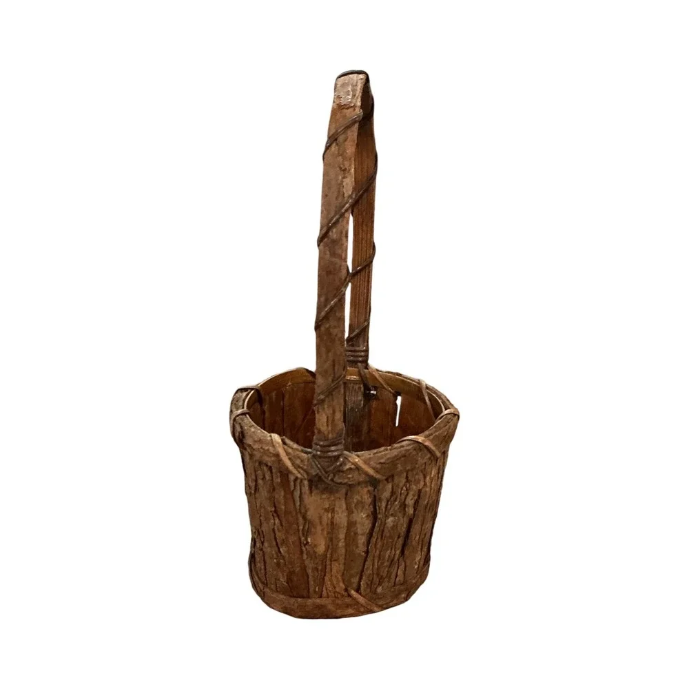 Vintage Rustic Tree Bark Basket‎ with Tall Handle 10.5 Inch Brown Woodland Decor